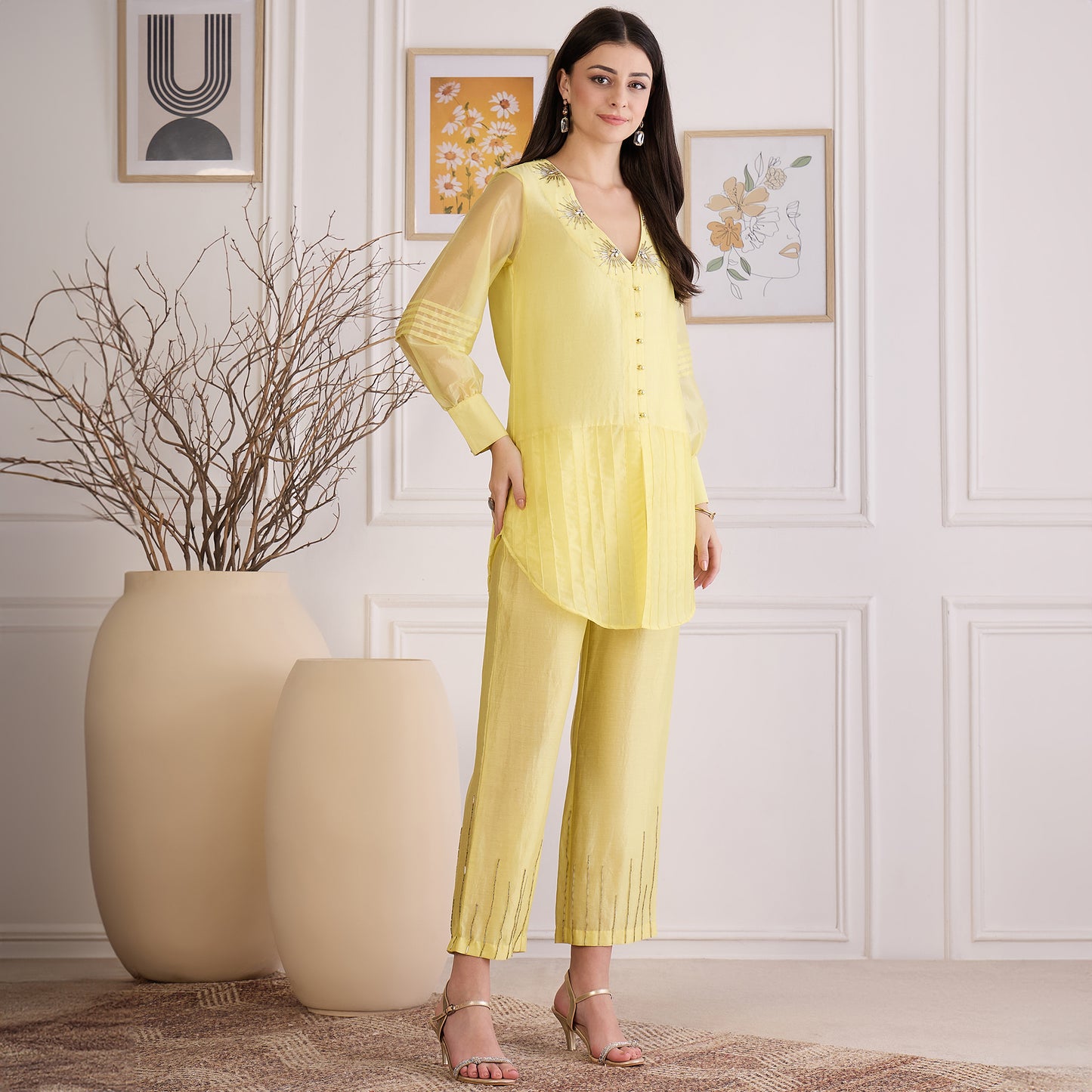 Yellow Pin Tuck Hand-Embroidered Co-ord Set