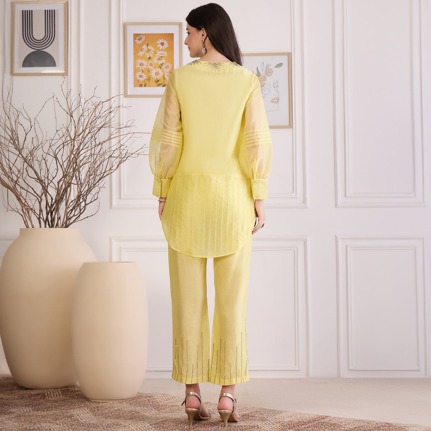 Yellow Pin Tuck Hand-Embroidered Co-ord Set