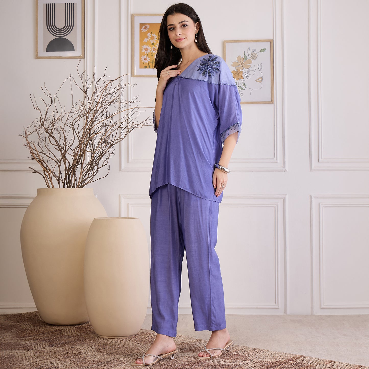 Slate Blue Floral Embroidered Kaftan Top with Pants