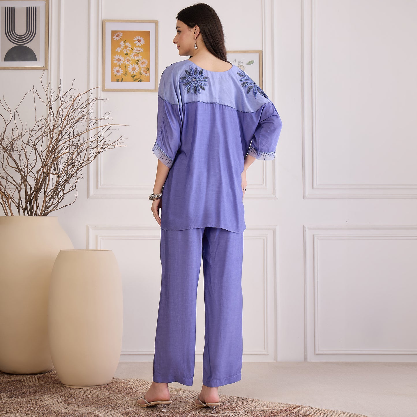 Slate Blue Floral Embroidered Kaftan Top with Pants