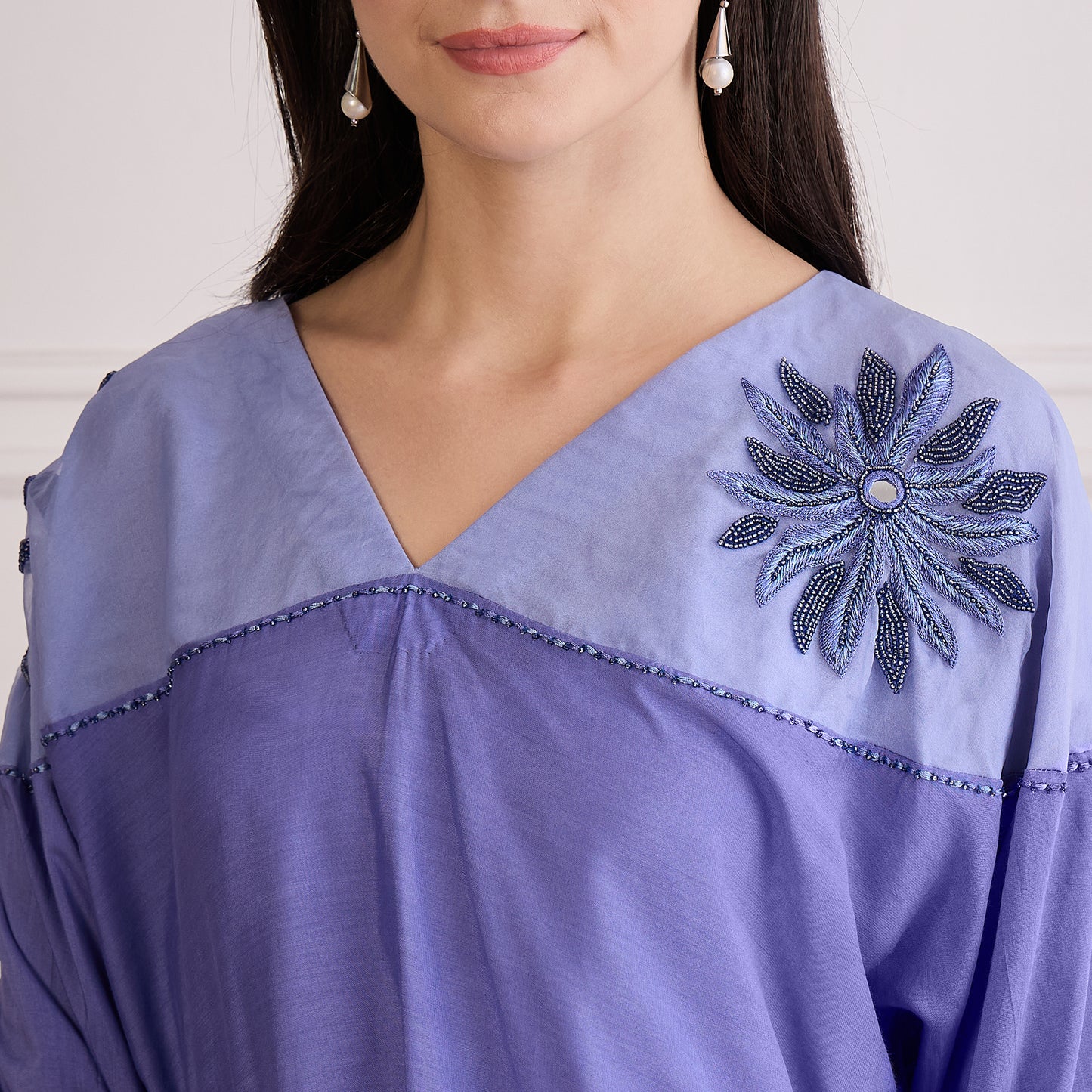 Slate Blue Floral Embroidered Kaftan Top with Pants