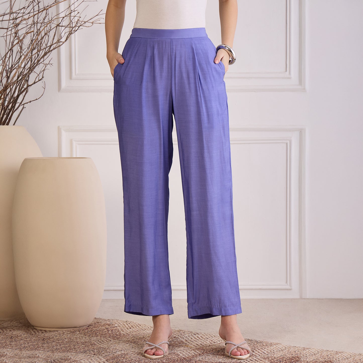Slate Blue Floral Embroidered Kaftan Top with Pants