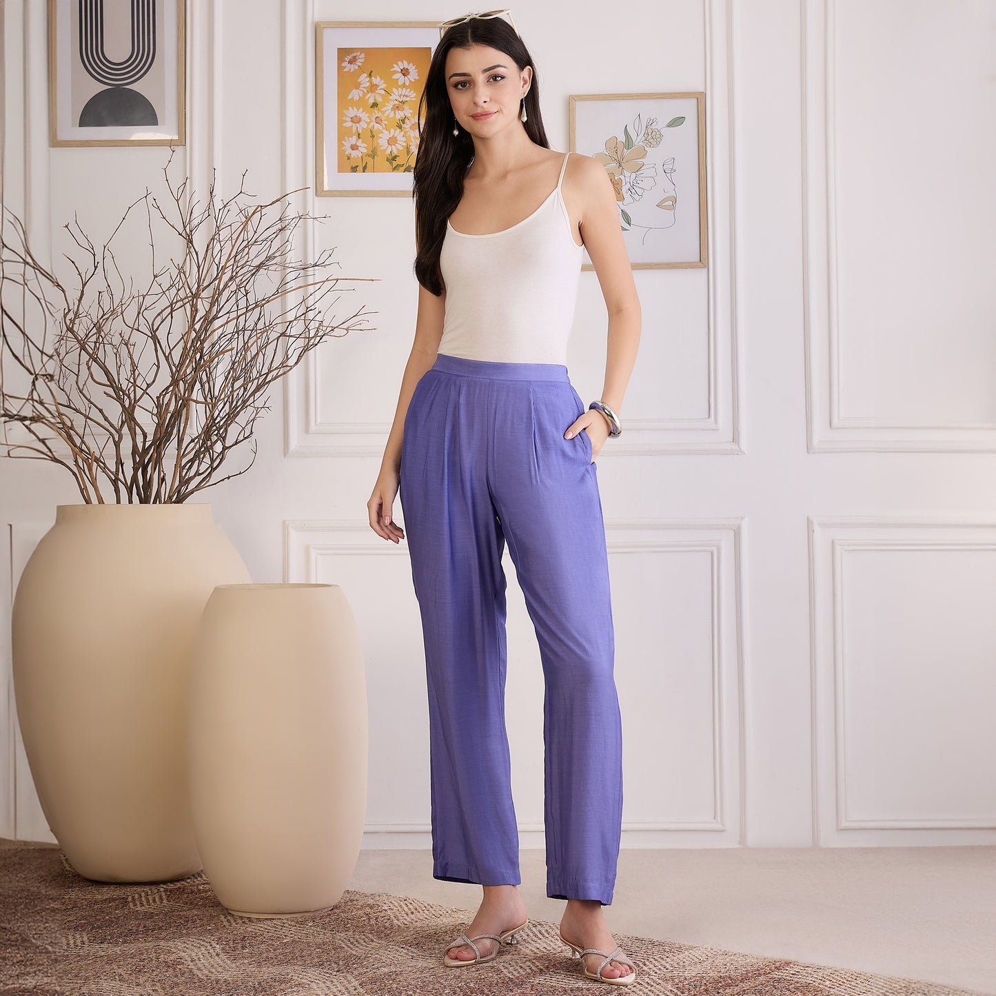 Slate Blue Floral Embroidered Kaftan Top with Pants