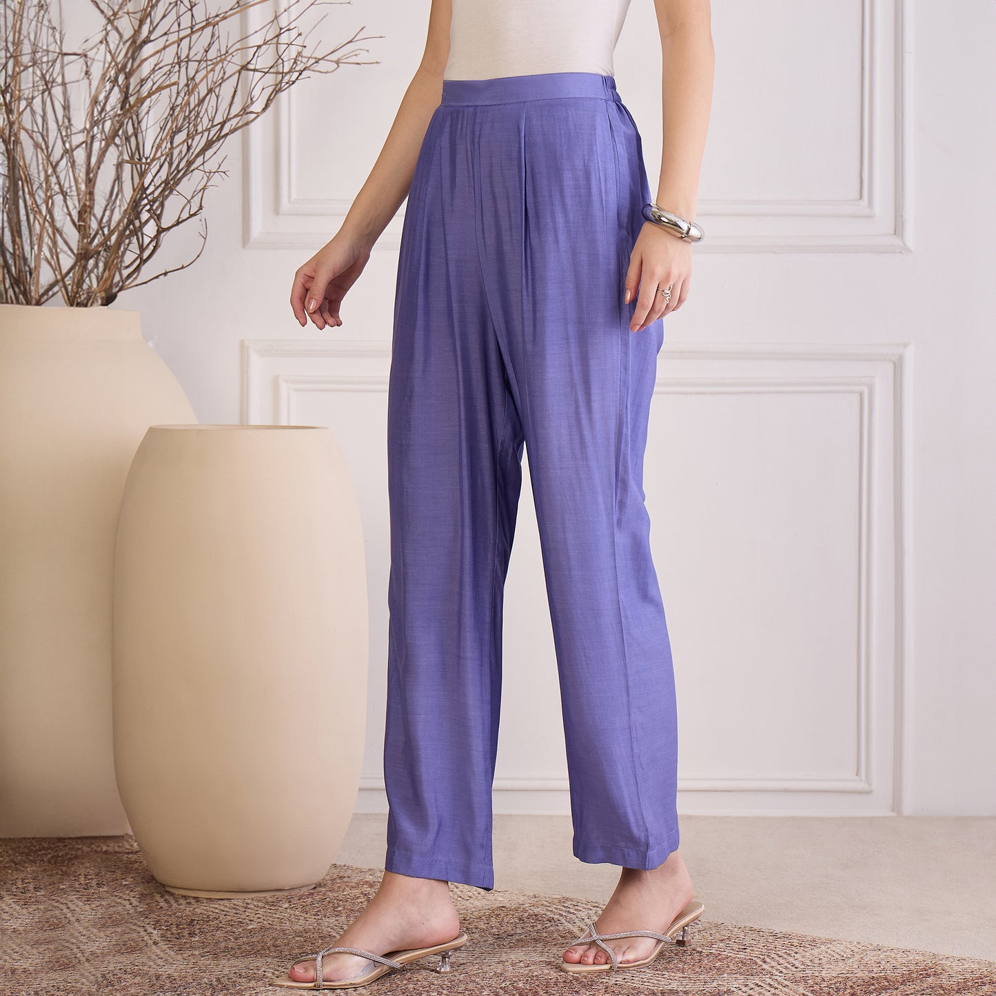 Slate Blue Floral Embroidered Kaftan Top with Pants
