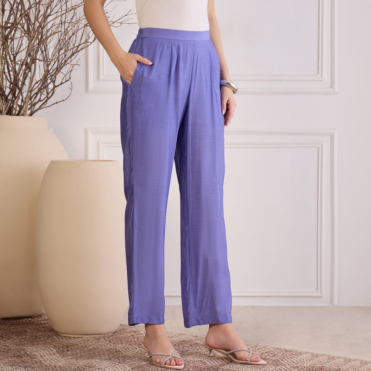 Slate Blue Floral Embroidered Kaftan Top with Pants