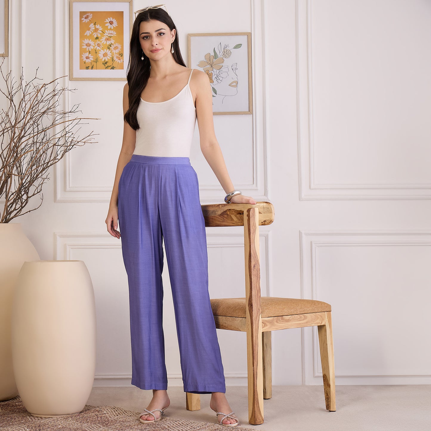 Slate Blue Floral Embroidered Kaftan Top with Pants