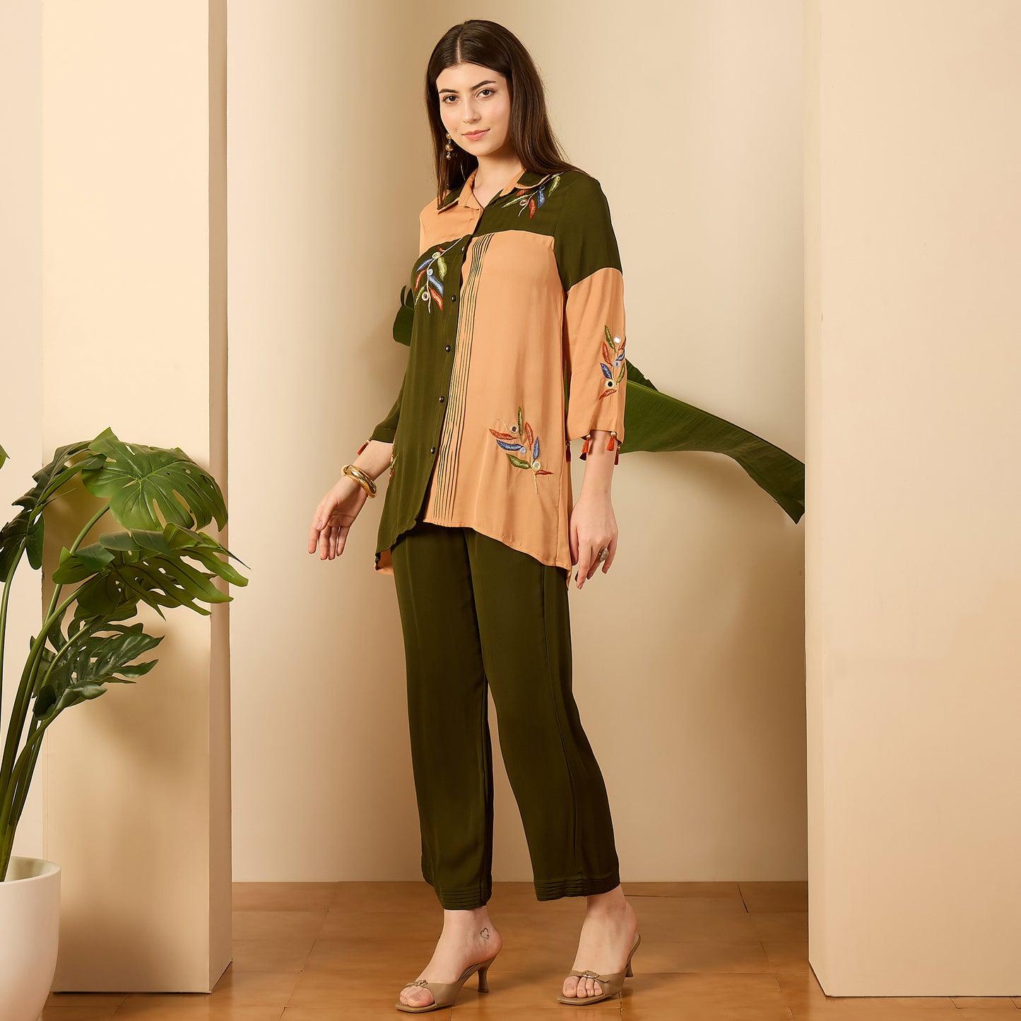 Green and Beige Patched Hand Embroidered Co-Ord Set