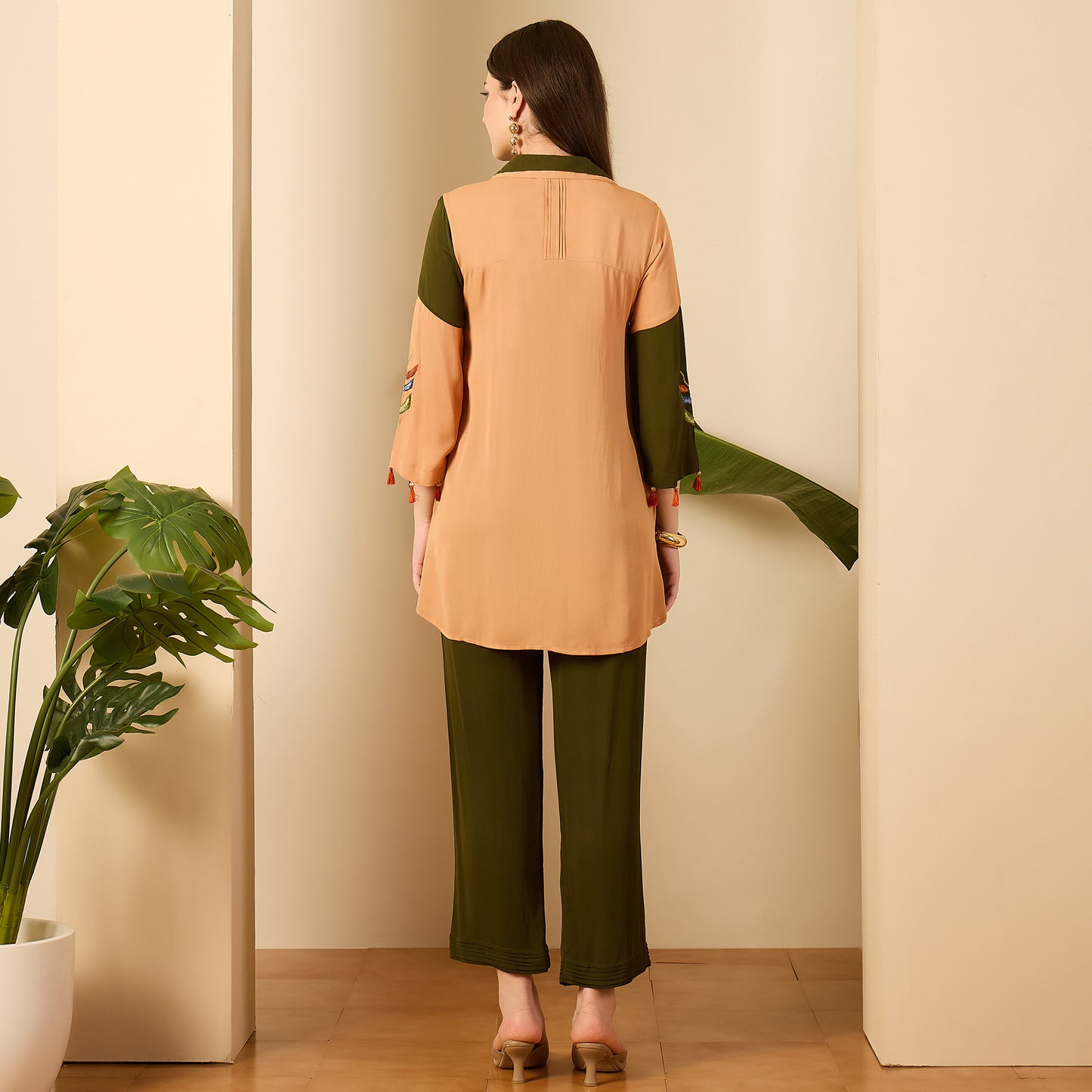 Green and Beige Patched Hand Embroidered Co-Ord Set