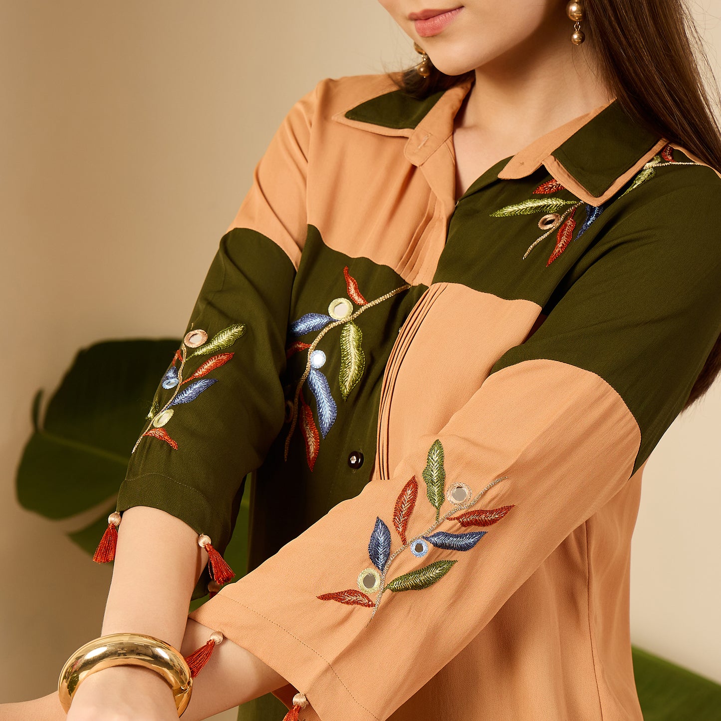 Green and Beige Patched Hand Embroidered Co-Ord Set