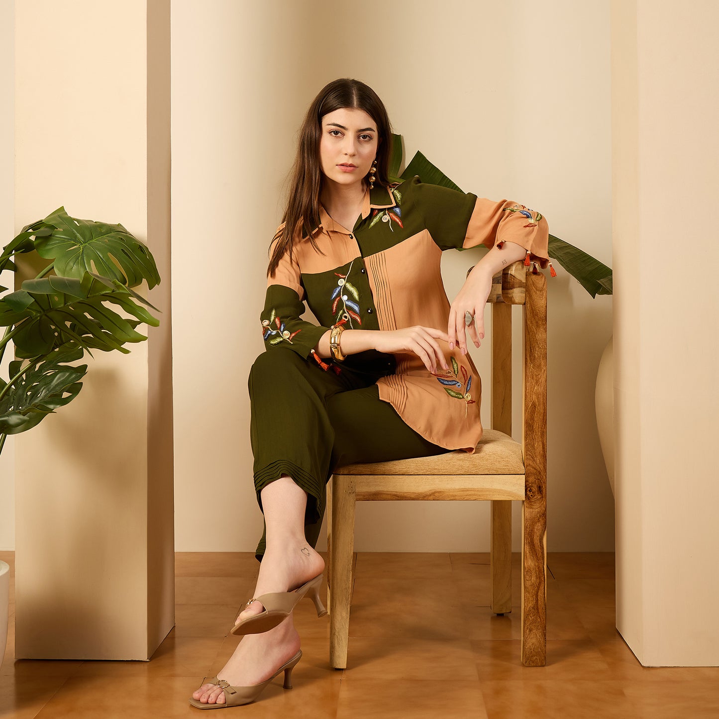 Green and Beige Patched Hand Embroidered Co-Ord Set