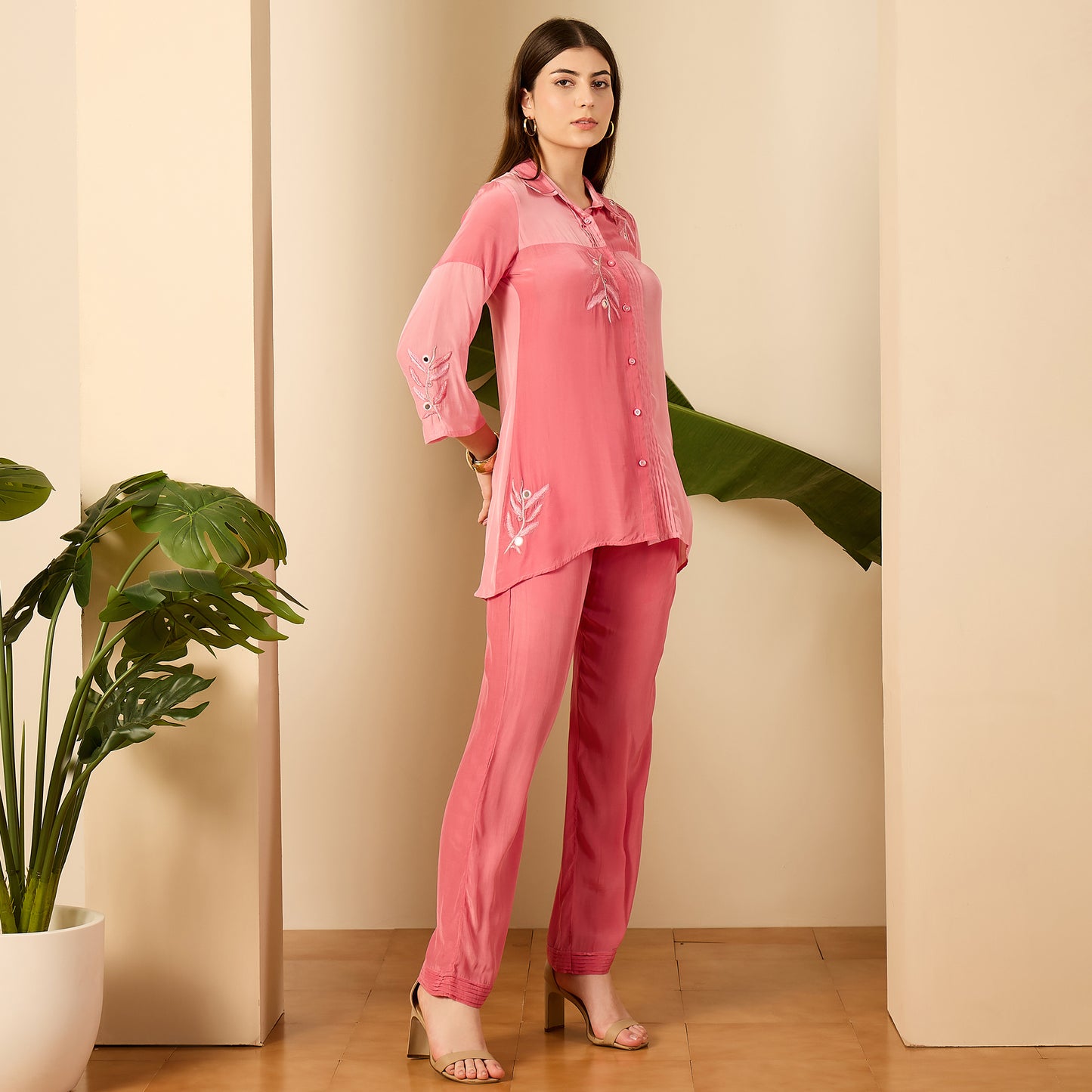 Luxury Pink Patched Hand Embroidered Co-Ord Set