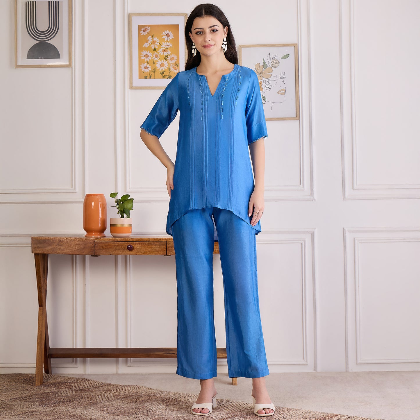 Blue Pin Tucked Beaded Co-ord Set