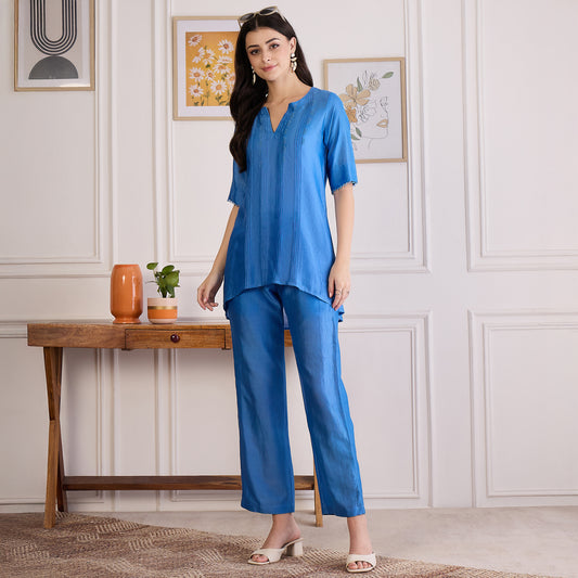 Blue Pin Tucked Beaded Co-ord Set