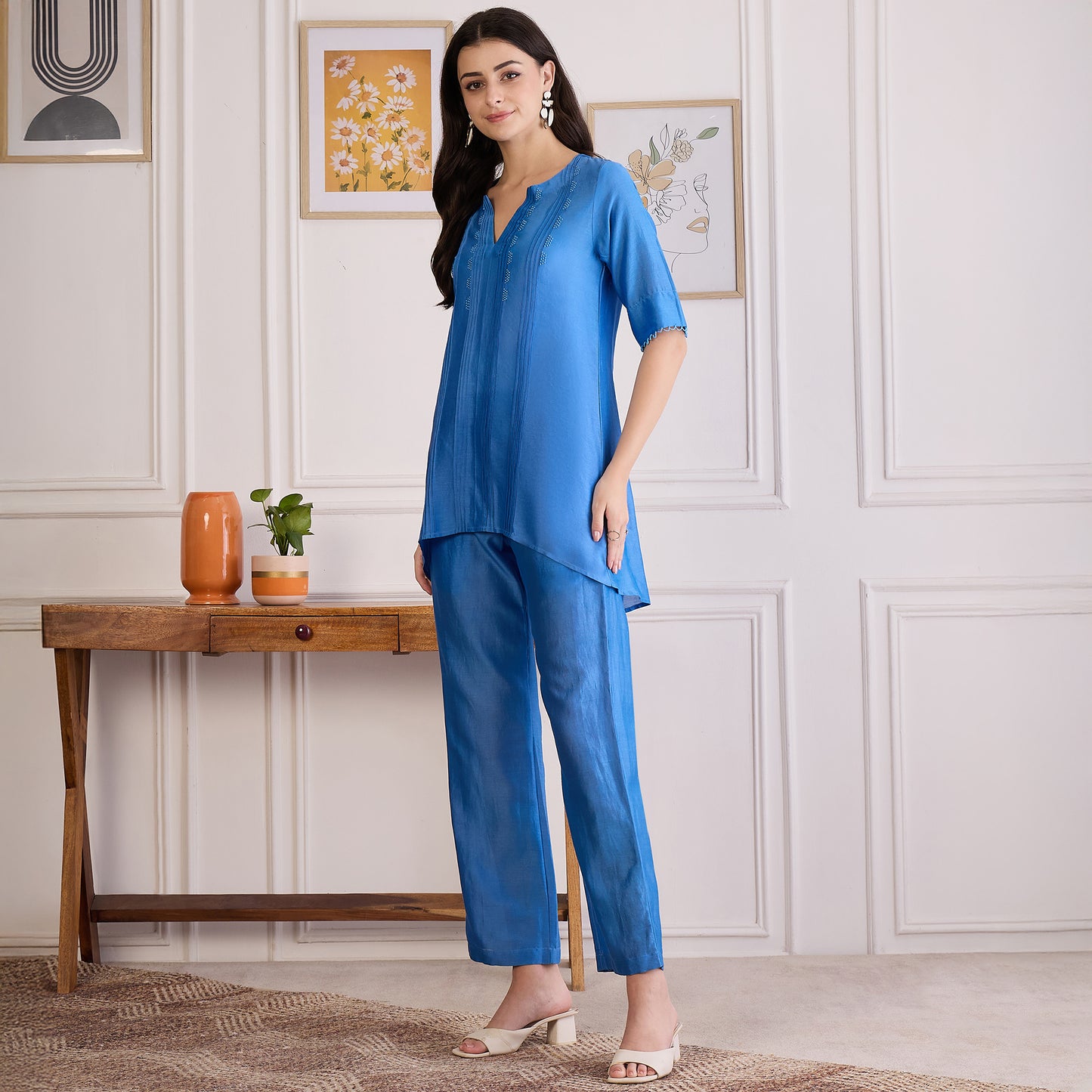 Blue Pin Tucked Beaded Co-ord Set