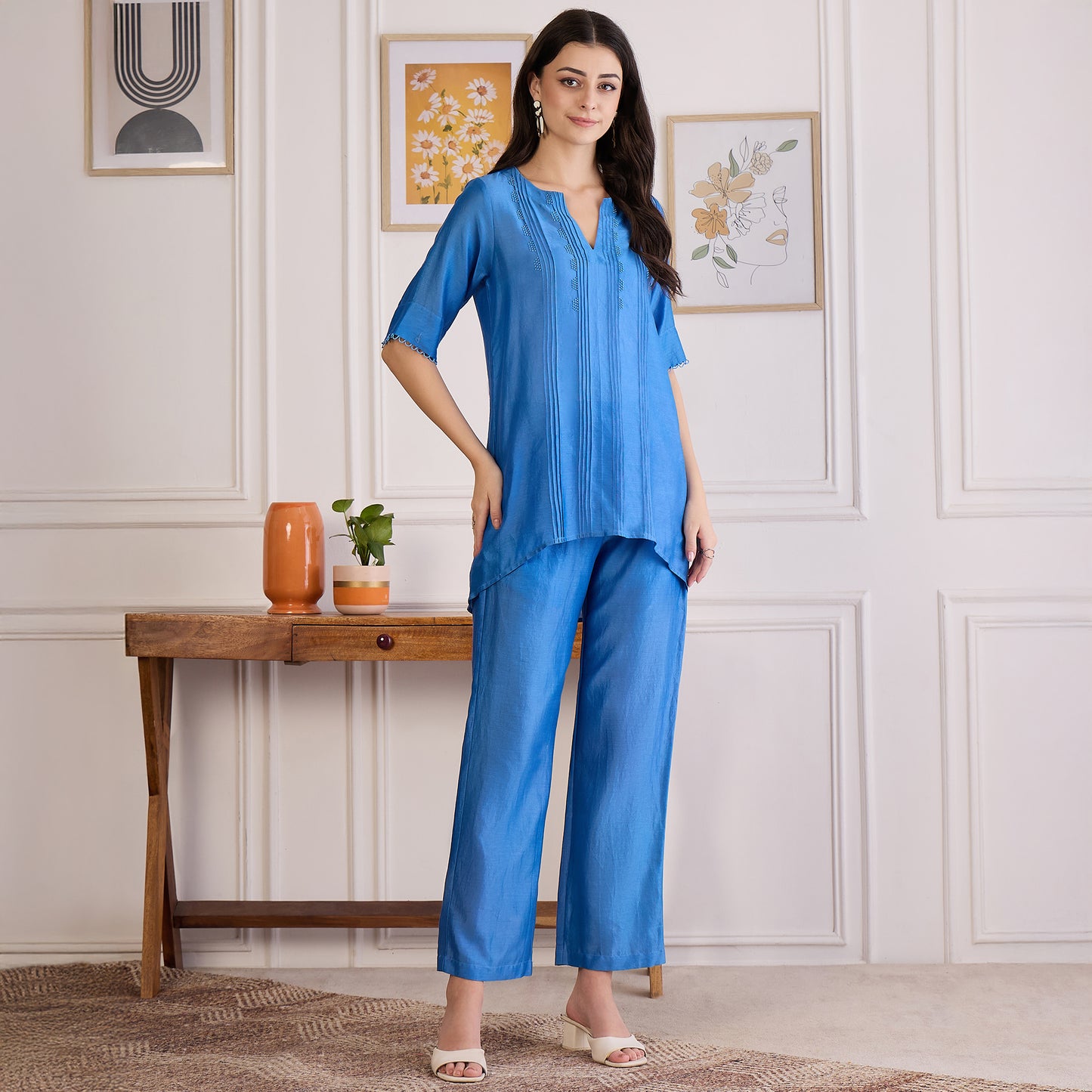 Blue Pin Tucked Beaded Co-ord Set