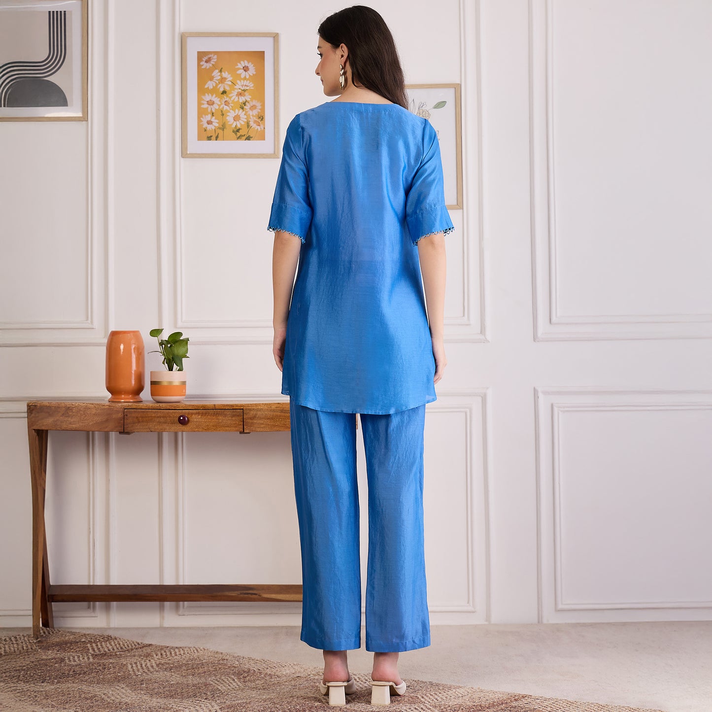 Blue Pin Tucked Beaded Co-ord Set