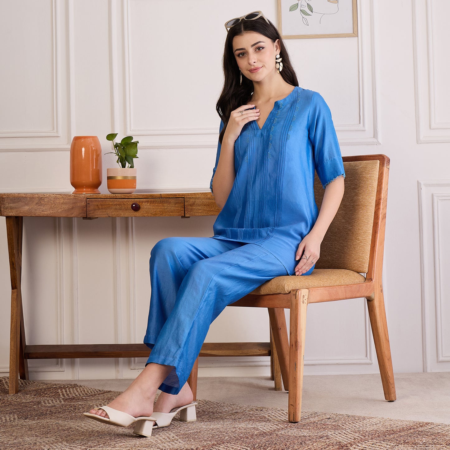Blue Pin Tucked Beaded Co-ord Set