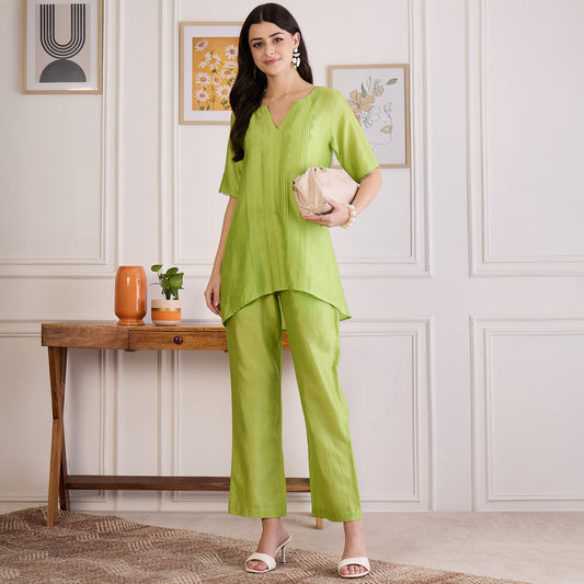 Lime Green Pin Tucked Beaded Co-ord Set