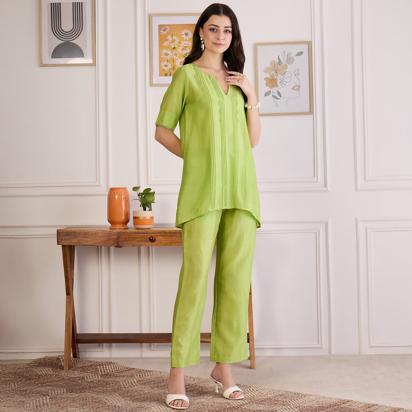 Lime Green Pin Tucked Beaded Co-ord Set