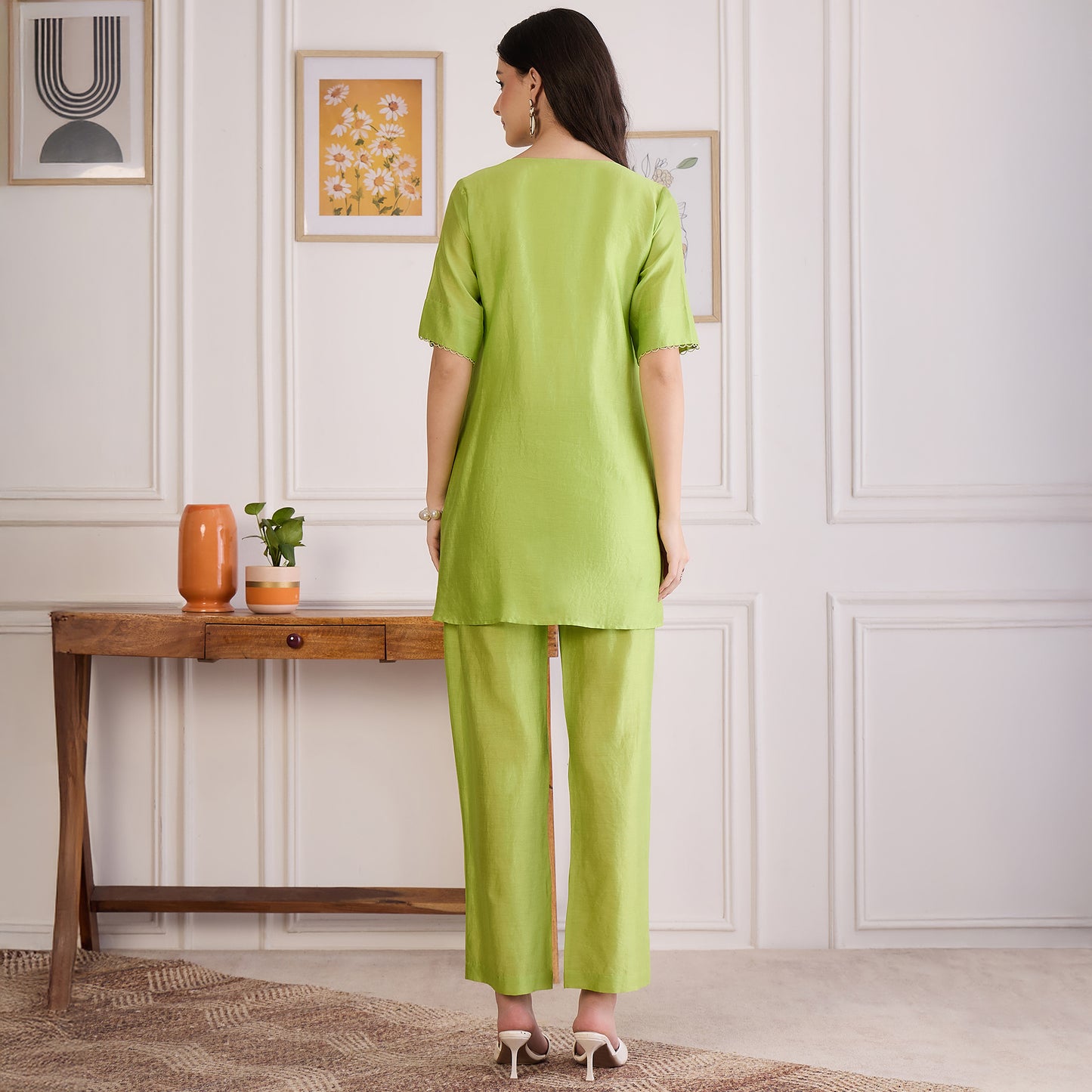 Lime Green Pin Tucked Beaded Co-ord Set