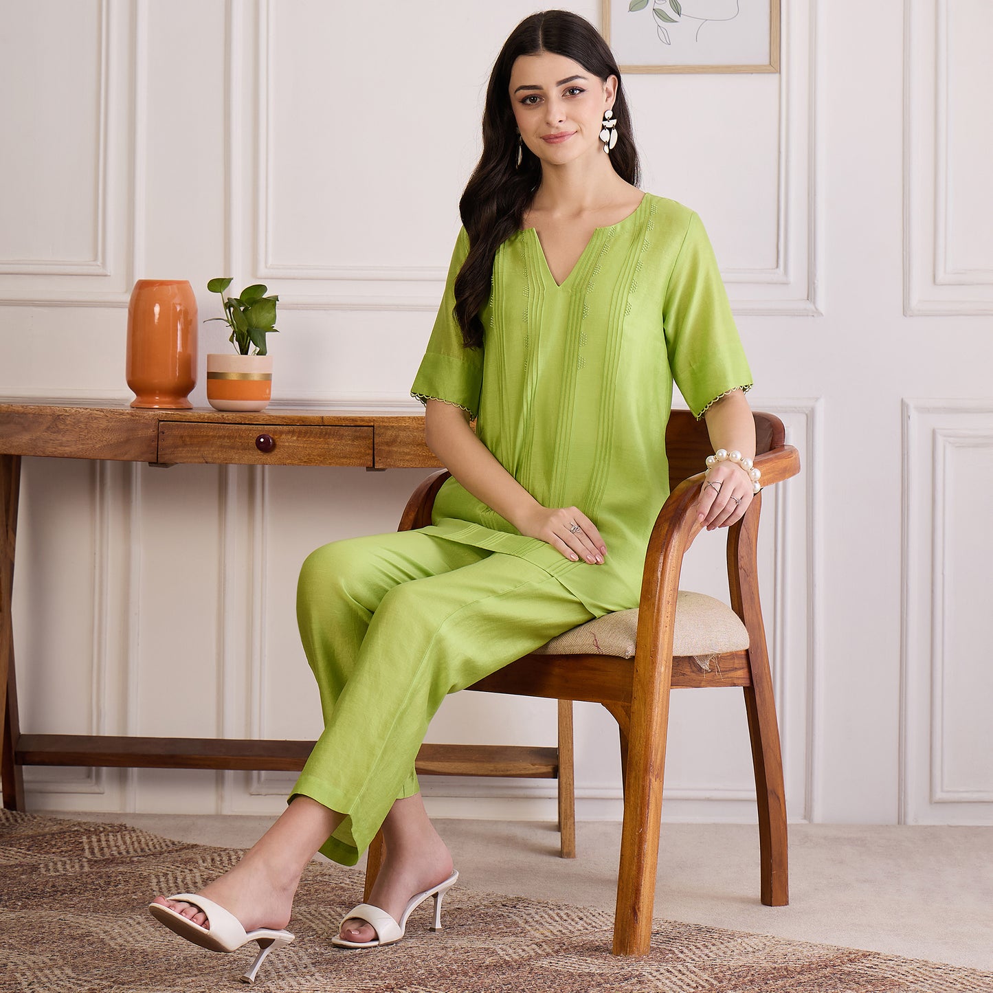 Lime Green Pin Tucked Beaded Co-ord Set