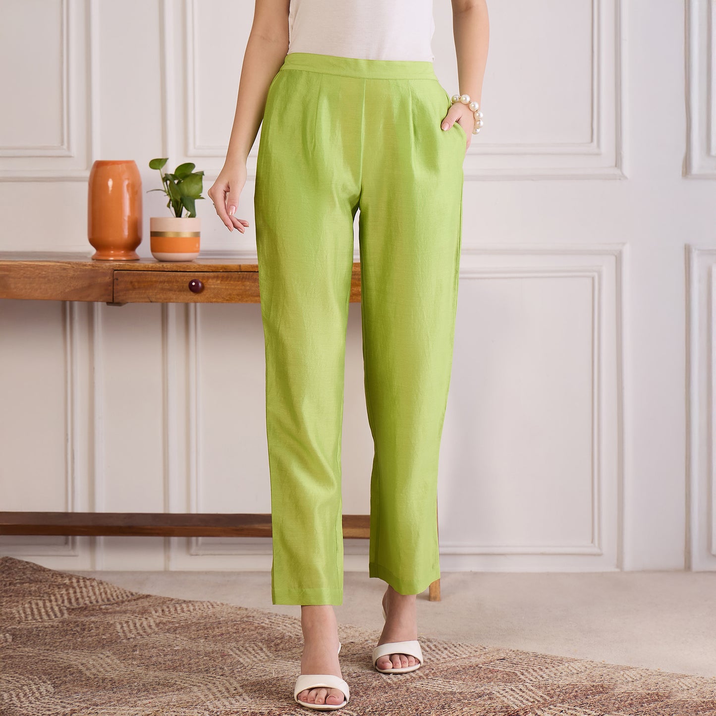 Lime Green Pin Tucked Beaded Co-ord Set