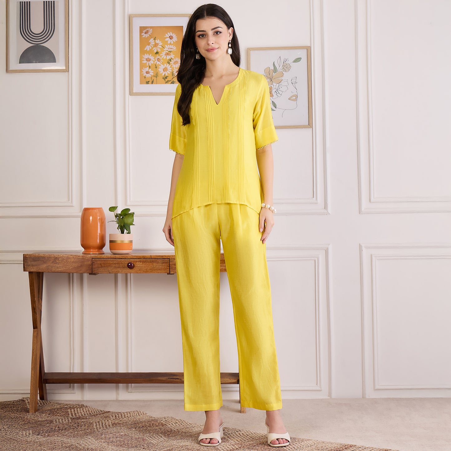 Yellow Pin Tucked Beaded Co-ord Set