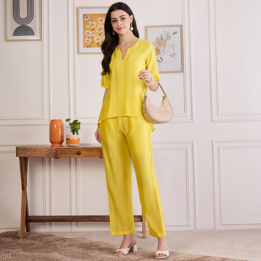 Yellow Pin Tucked Beaded Co-ord Set