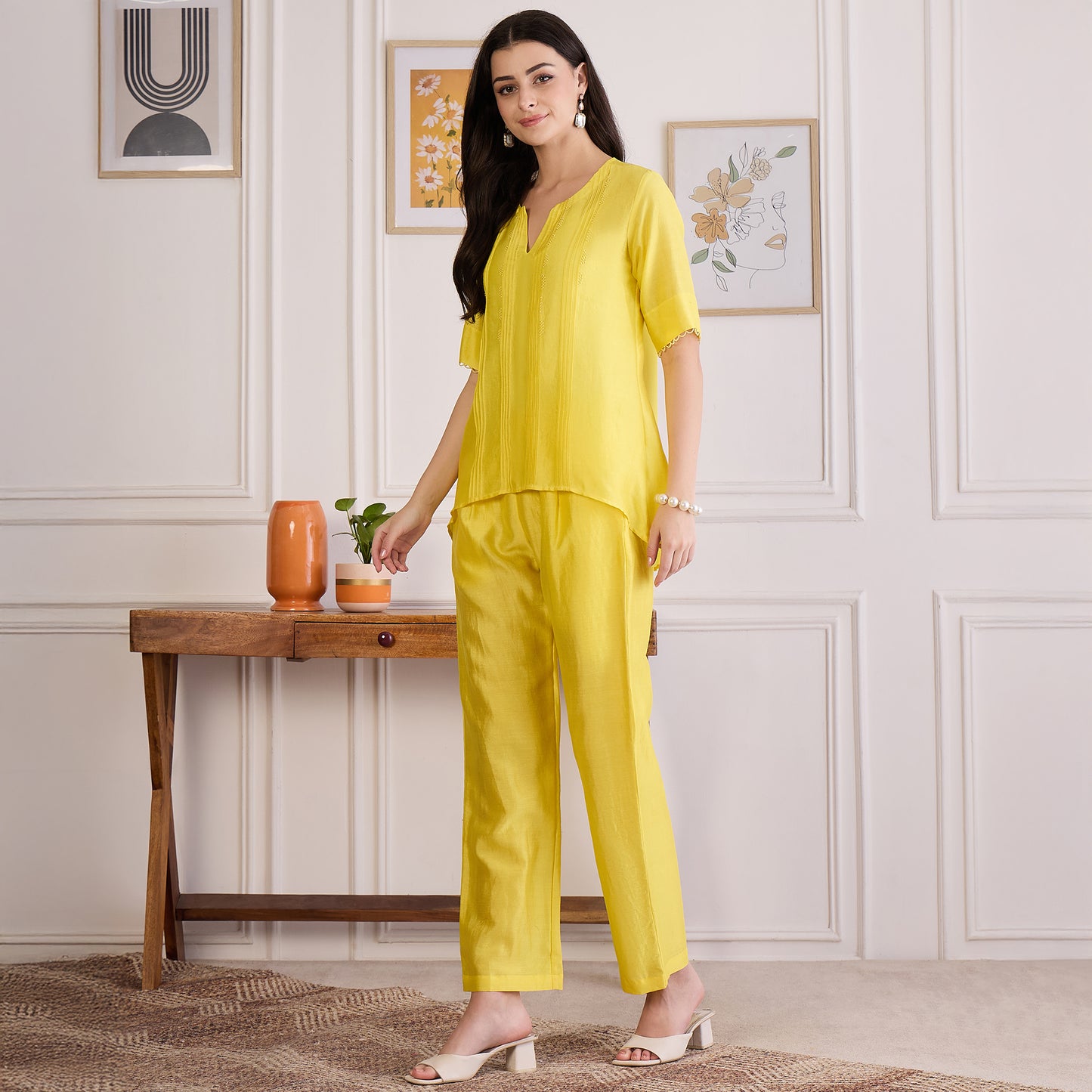 Yellow Pin Tucked Beaded Co-ord Set