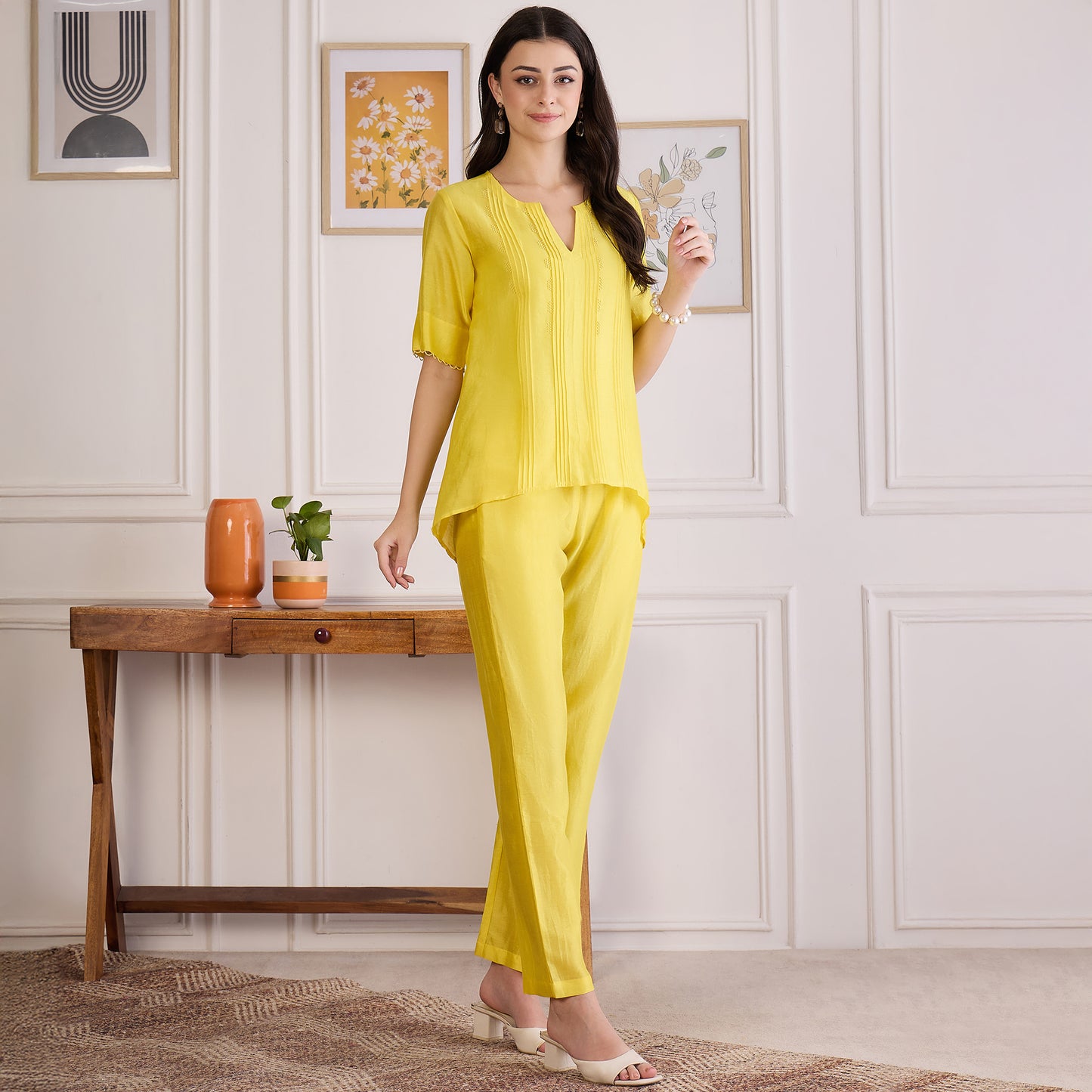 Yellow Pin Tucked Beaded Co-ord Set