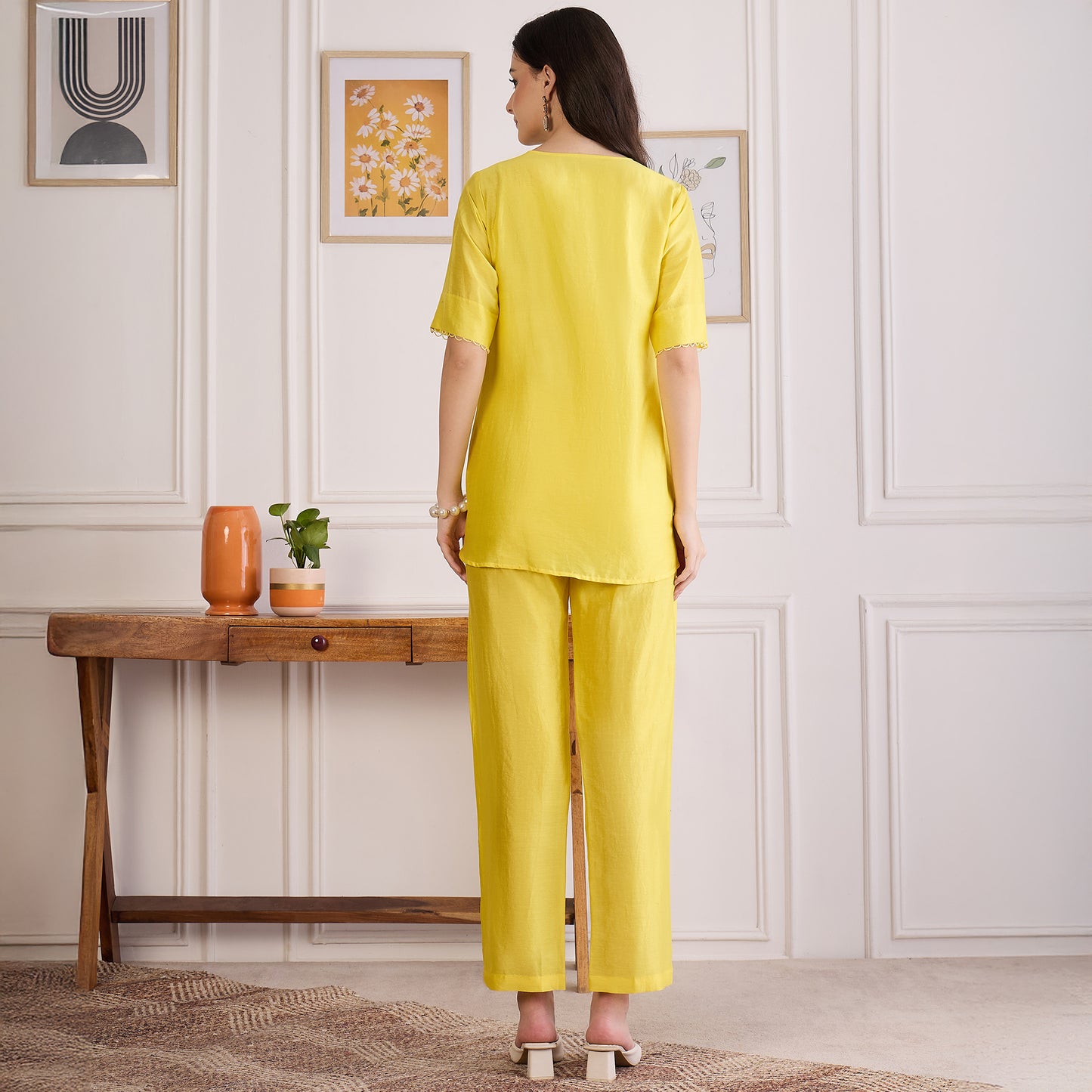 Yellow Pin Tucked Beaded Co-ord Set