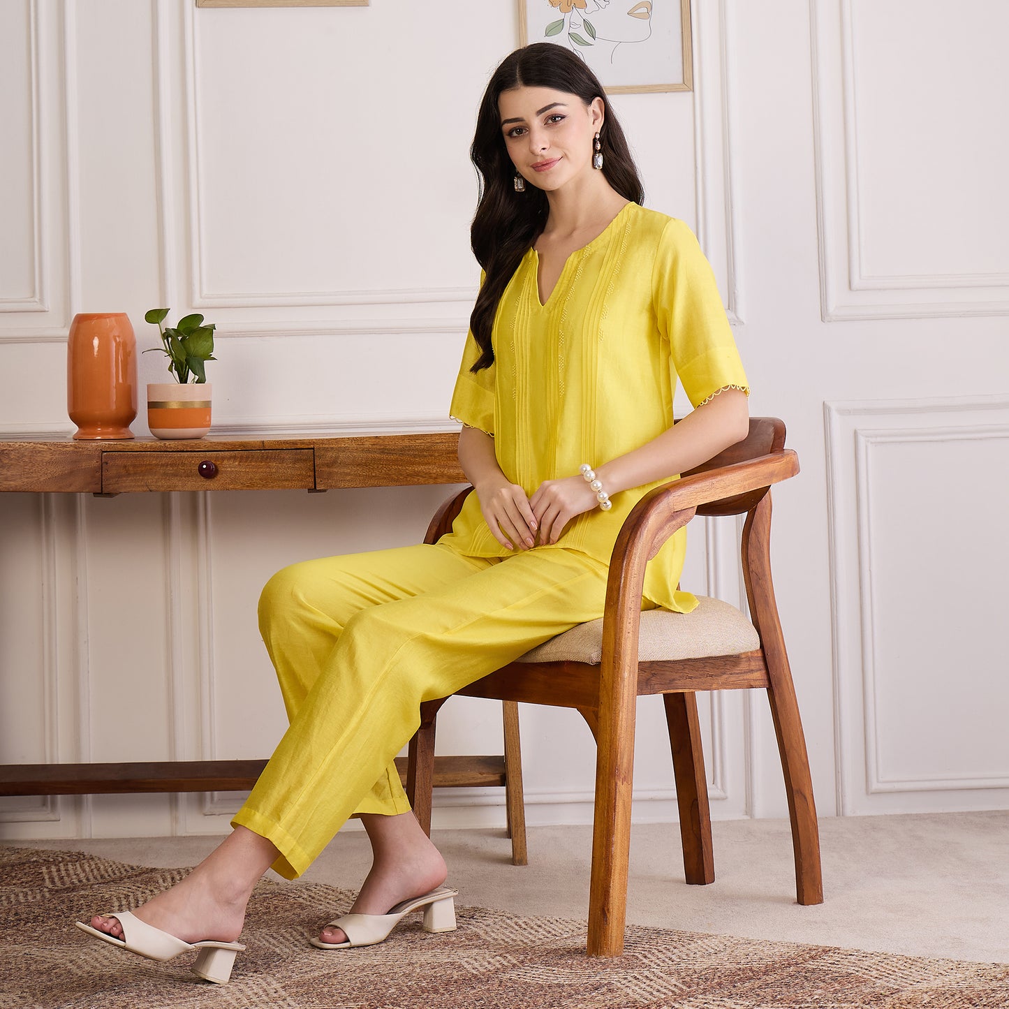 Yellow Pin Tucked Beaded Co-ord Set