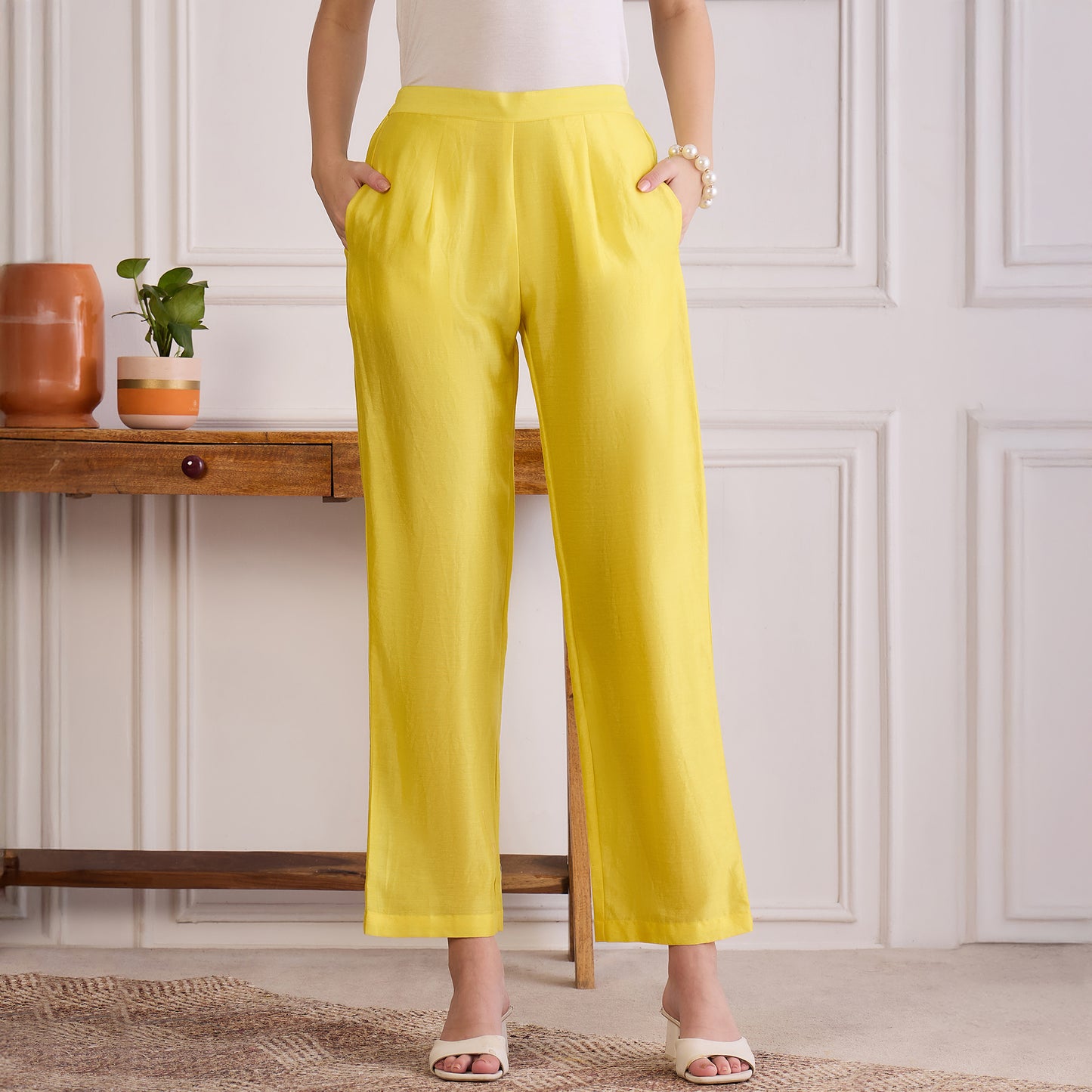 Yellow Pin Tucked Beaded Co-ord Set