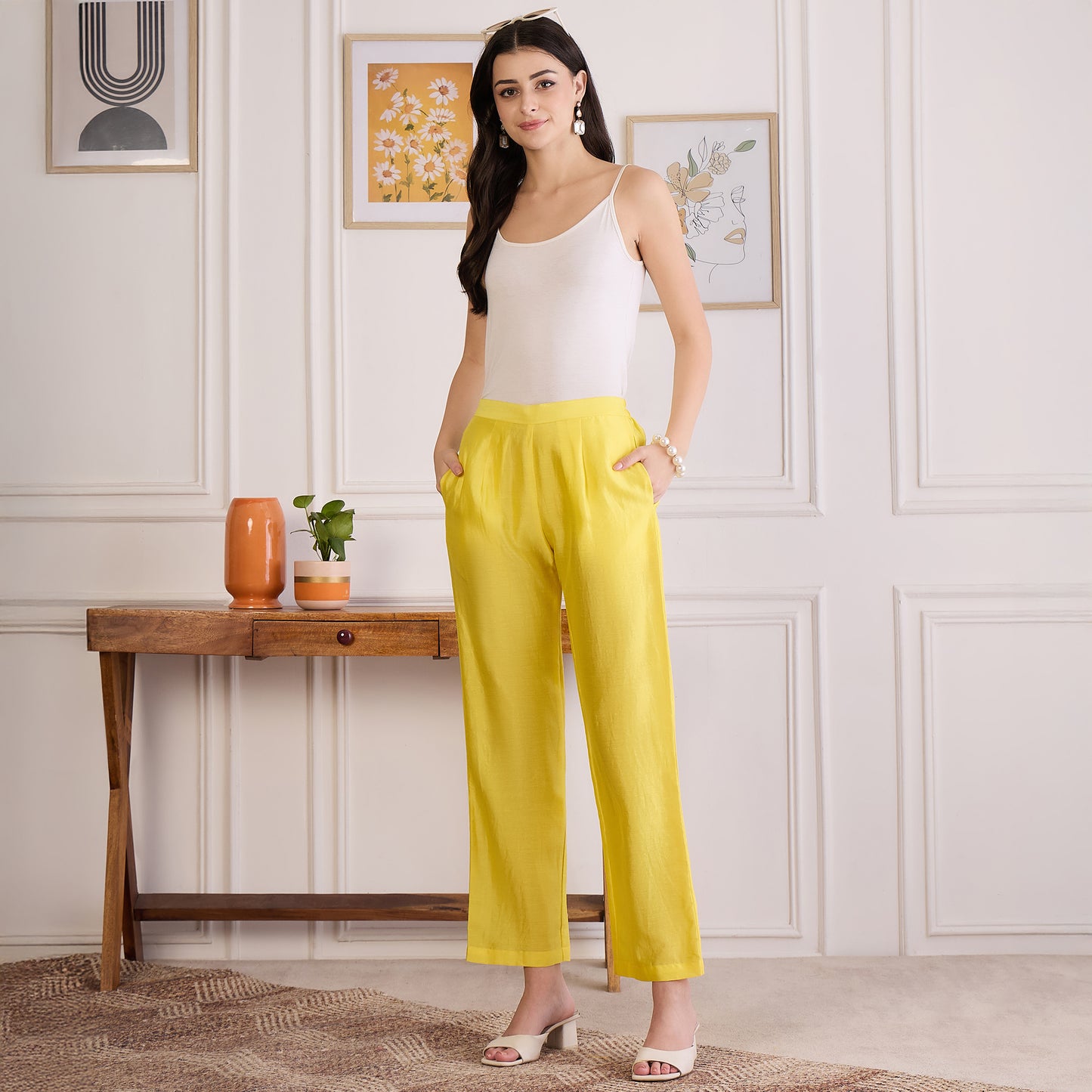 Yellow Pin Tucked Beaded Co-ord Set