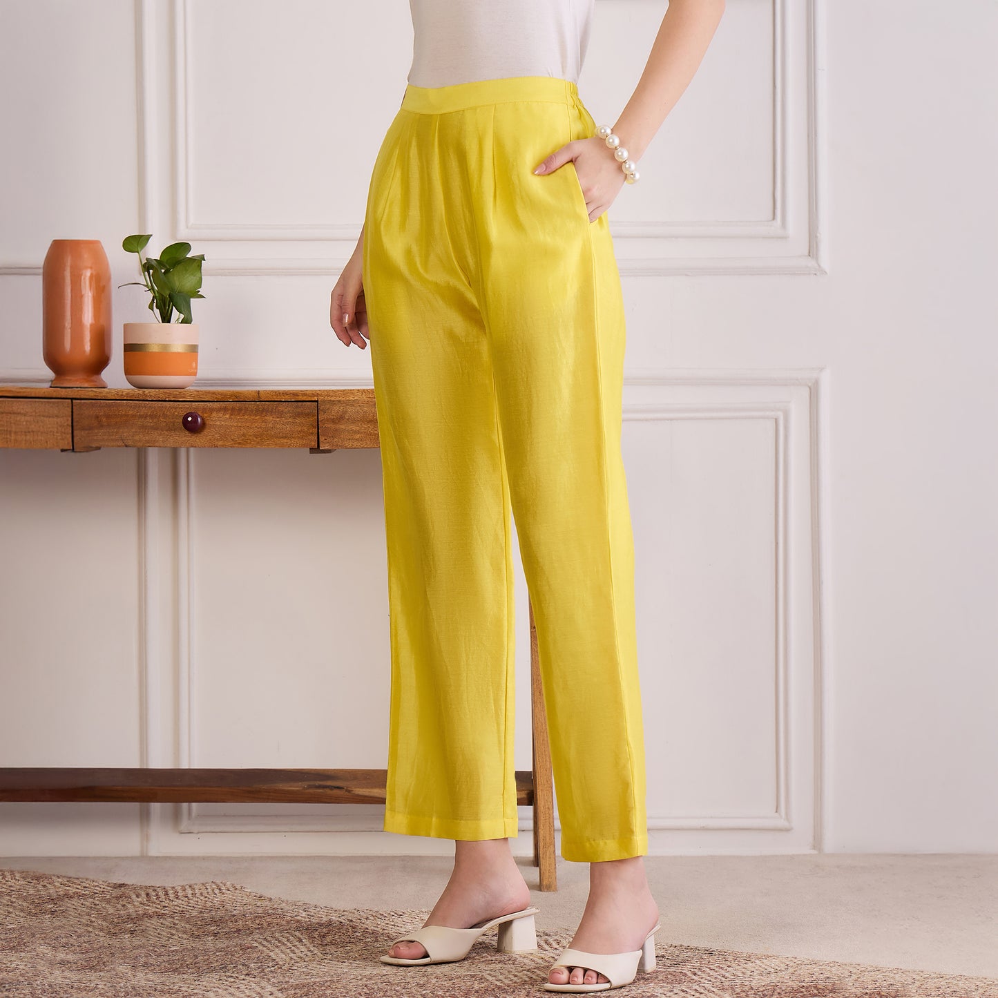 Yellow Pin Tucked Beaded Co-ord Set