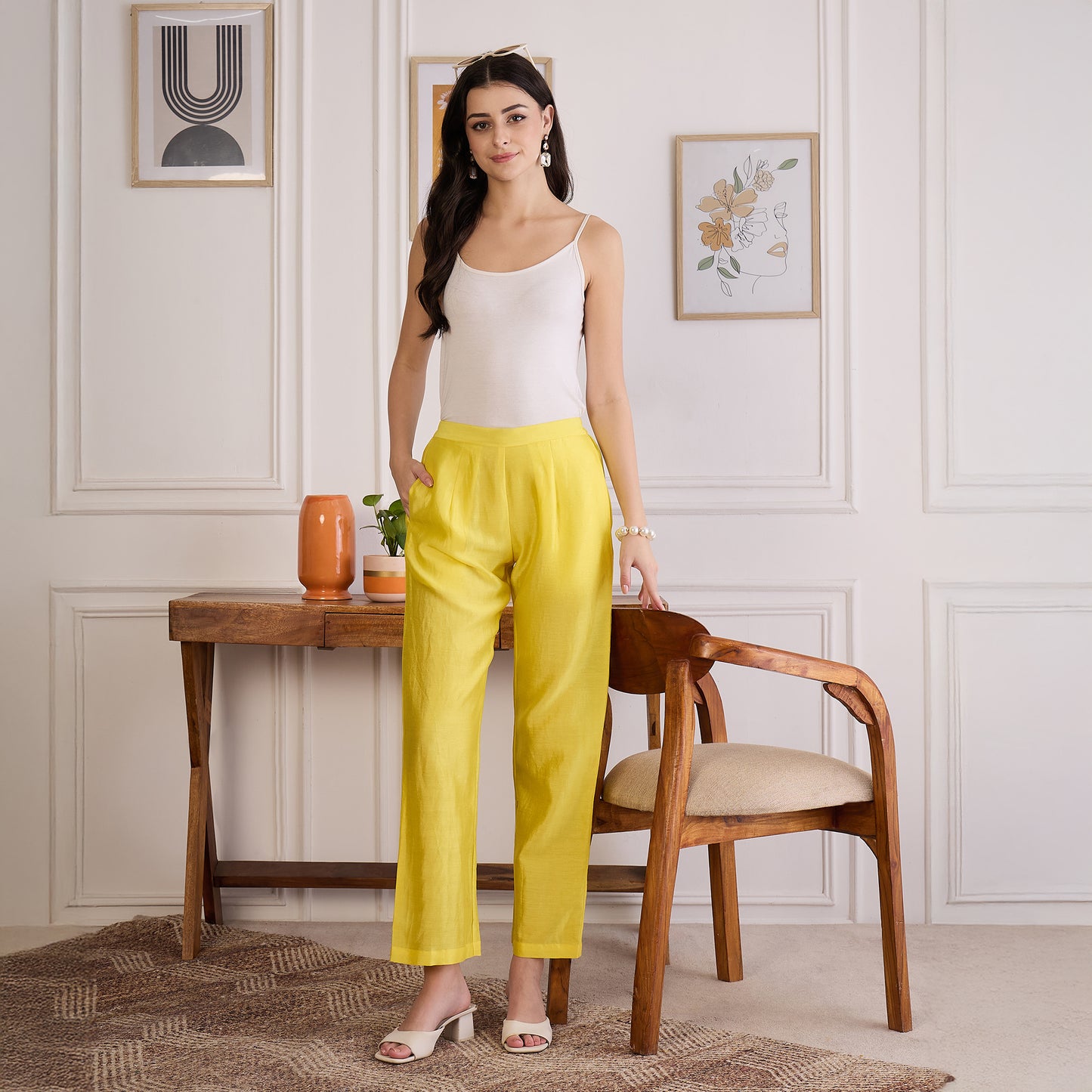 Yellow Pin Tucked Beaded Co-ord Set