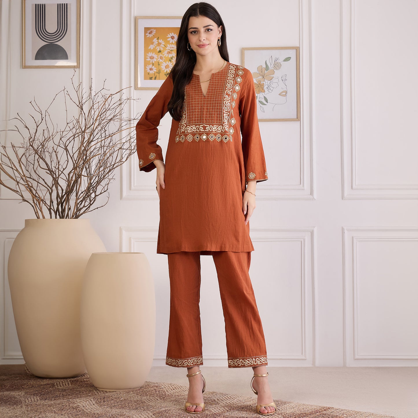Earthy Brown Yoke Embroidered Co-ord Set
