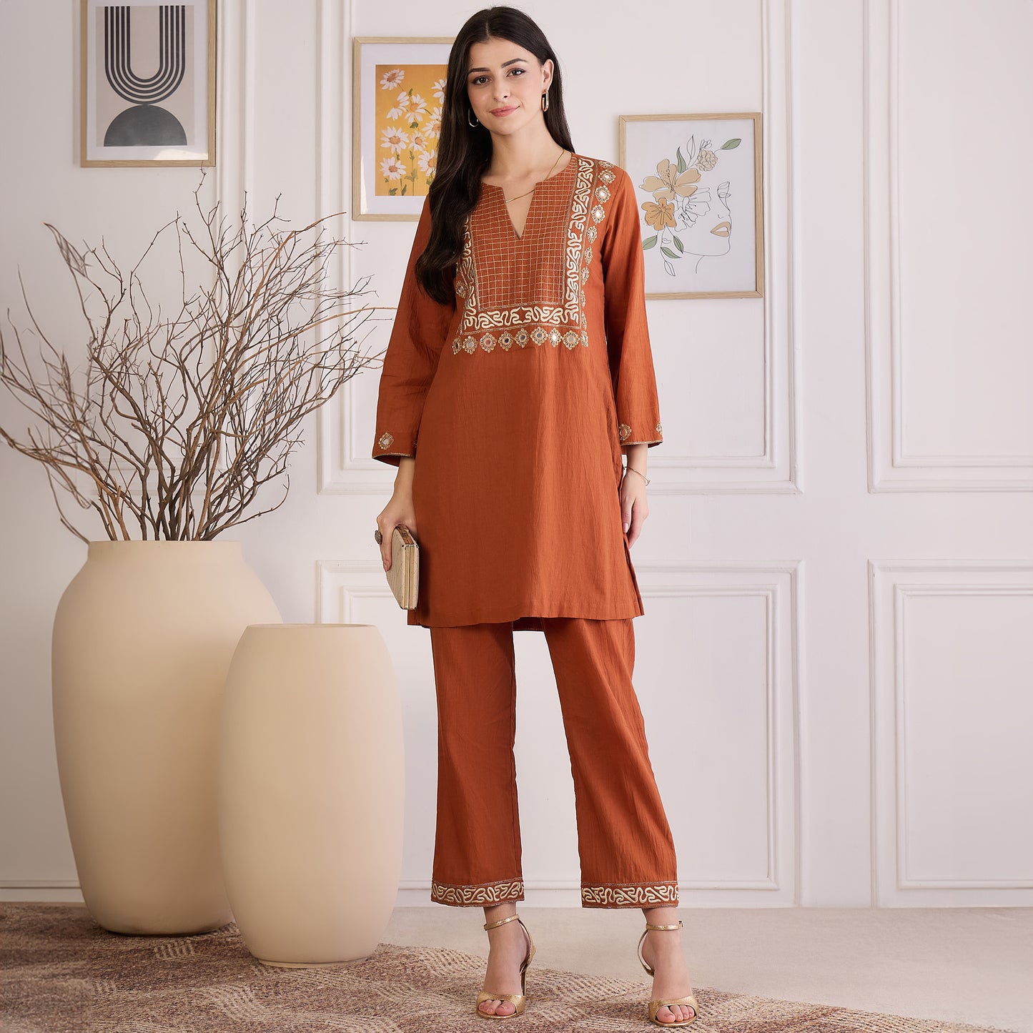 Earthy Brown Yoke Embroidered Co-ord Set