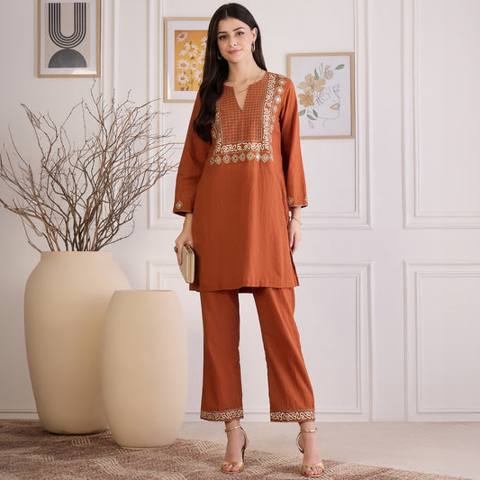 Earthy Brown Yoke Embroidered Co-ord Set