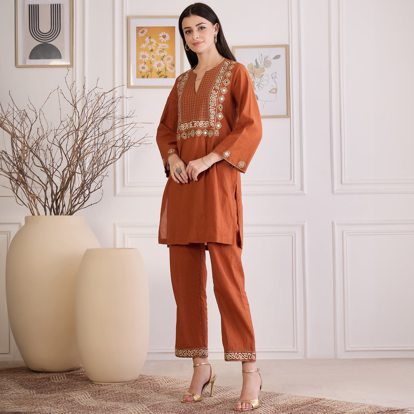 Earthy Brown Yoke Embroidered Co-ord Set