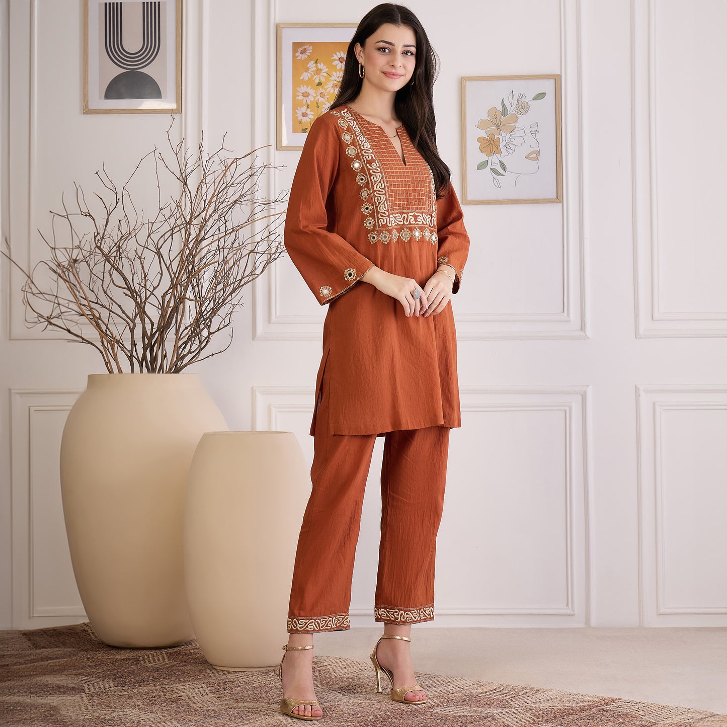 Earthy Brown Yoke Embroidered Co-ord Set