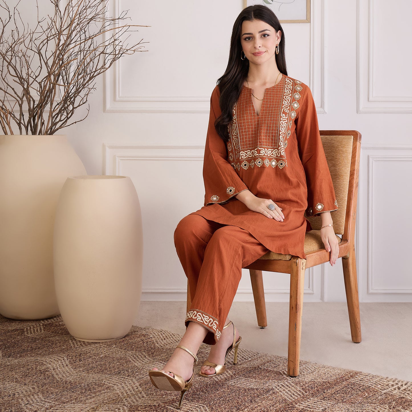 Earthy Brown Yoke Embroidered Co-ord Set