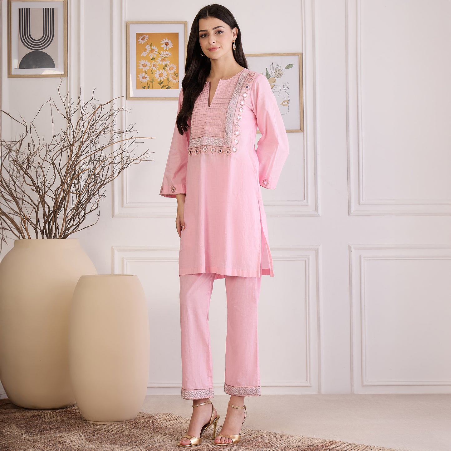 Pink Yoke Embroidered Co-ord Set