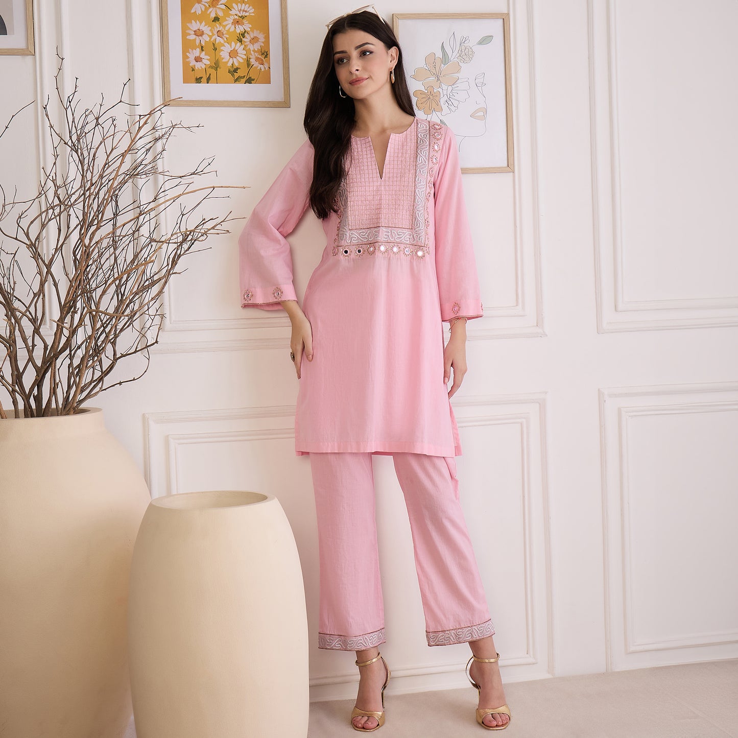 Pink Yoke Embroidered Co-ord Set