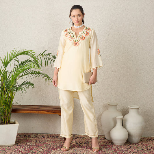 Cream Floral Embroidered High-Low Kurta with Pants Set