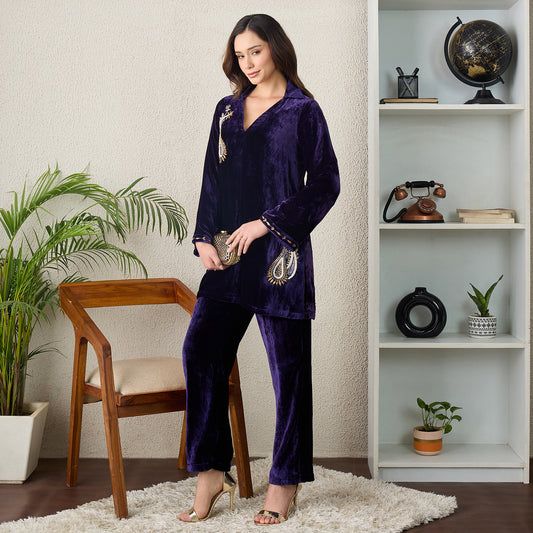 Purple Paisley Hand Embroidered Velvet Set