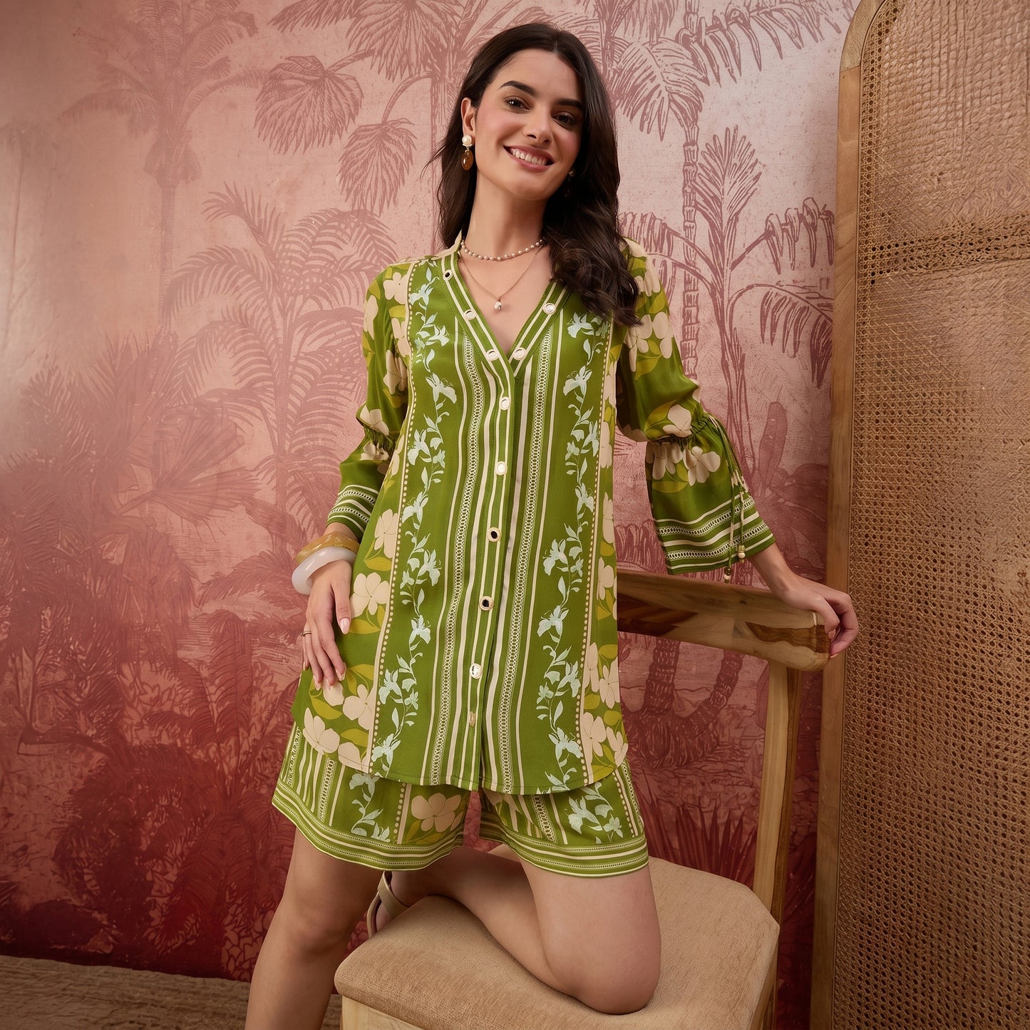 Light Green Floral Mirror Embroidered Tassel Co-Ord Set