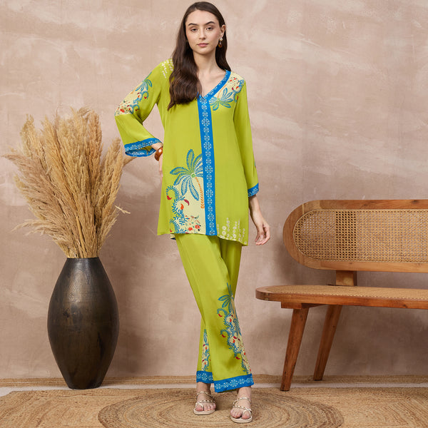 Lime Green Floral Print Set for Women – Viscose Crepe | First Resort by Ramola Bachchan