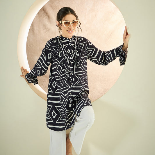 Black and White Geometric Frill Shirt