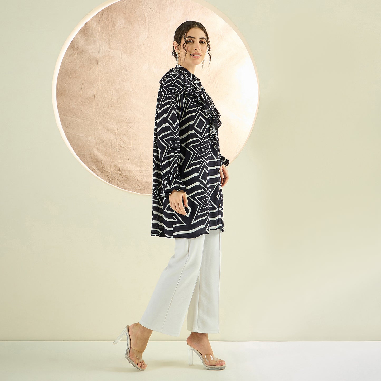 Black and White Geometric Frill Shirt